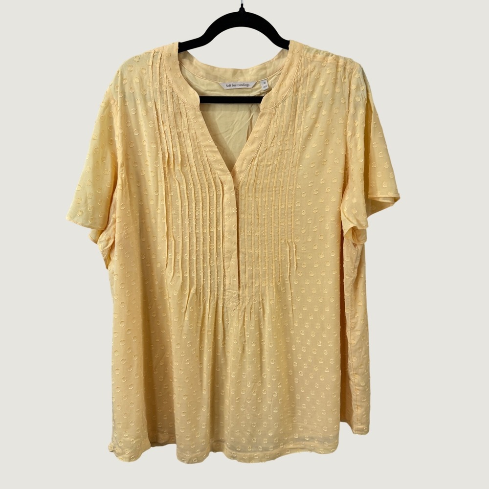 Soft Surroundings Butter Yellow Clip Dot Pintuck Split Neck Top Cottage Plus 1X